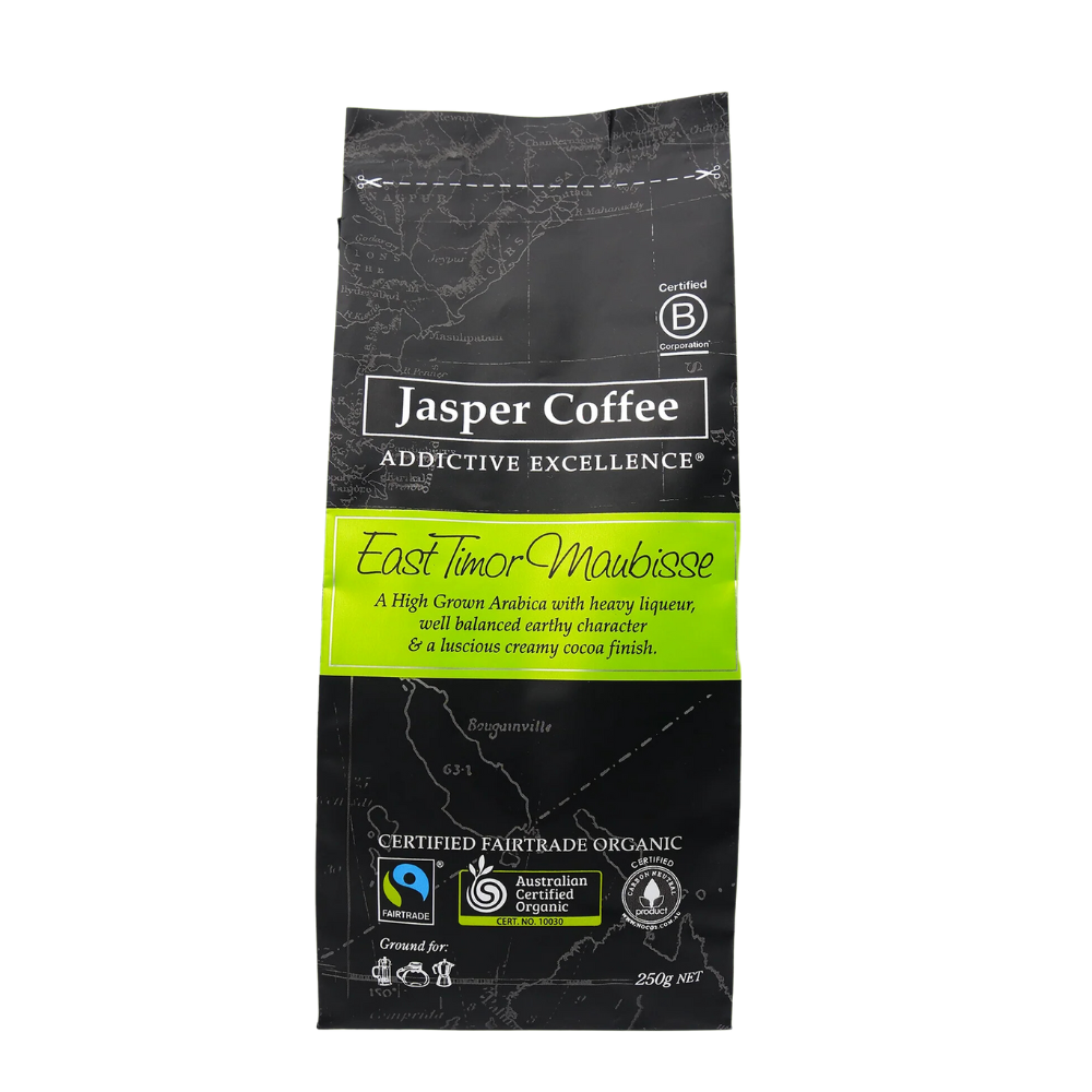 A bag of single-origin, ethically sourced, organic Maubisse coffee beans from East Timor.