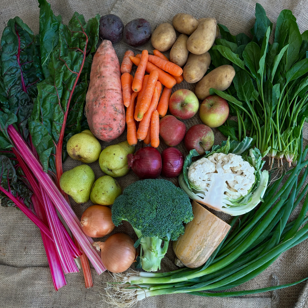 A 'What's In The Box' graphic from Local Organic Delivery, illustrating the fresh, seasonal, and organic produce you can expect in our weekly delivery boxes.